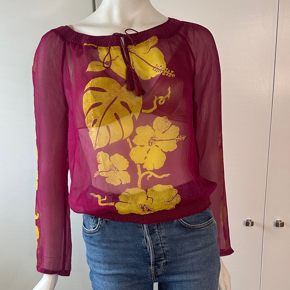 Lucky Brand Burgundy Sheer Blouse with Yellow Floral Design